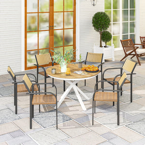 Table à manger de jardin, table de jardin ronde Ø 118 cm avec cadre en aluminium, plateau aspect effet bois et patins de pieds réglables, pour balcon, porche, terrasse, teck