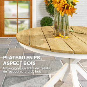 Table à manger de jardin, table de jardin ronde Ø 118 cm avec cadre en aluminium, plateau aspect effet bois et patins de pieds réglables, pour balcon, porche, terrasse, teck