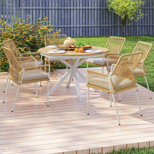 Table à manger de jardin, table de jardin ronde Ø 118 cm avec cadre en aluminium, plateau aspect effet bois et patins de pieds réglables, pour balcon, porche, terrasse, teck