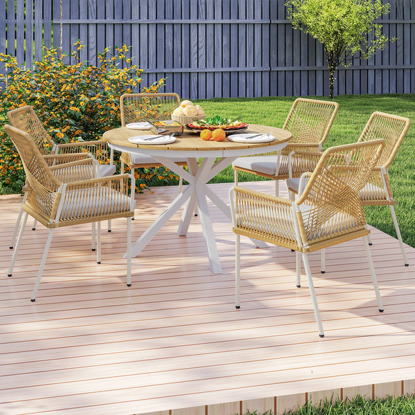 Table à manger de jardin, table de jardin ronde Ø 118 cm avec cadre en aluminium, plateau aspect effet bois et patins de pieds réglables, pour balcon, porche, terrasse, teck