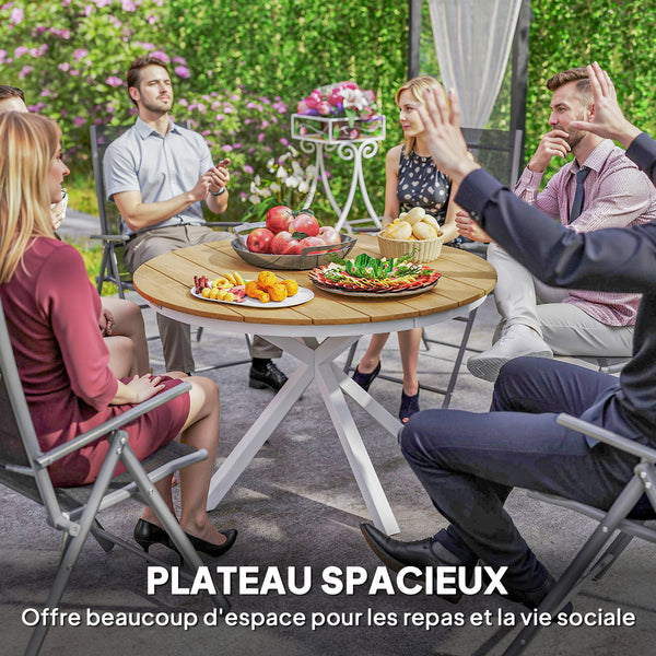 Table à manger de jardin, table de jardin ronde Ø 118 cm avec cadre en aluminium, plateau aspect effet bois et patins de pieds réglables, pour balcon, porche, terrasse, teck