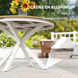 Table à manger de jardin, table de jardin ronde Ø 118 cm avec cadre en aluminium, plateau aspect effet bois et patins de pieds réglables, pour balcon, porche, terrasse, teck