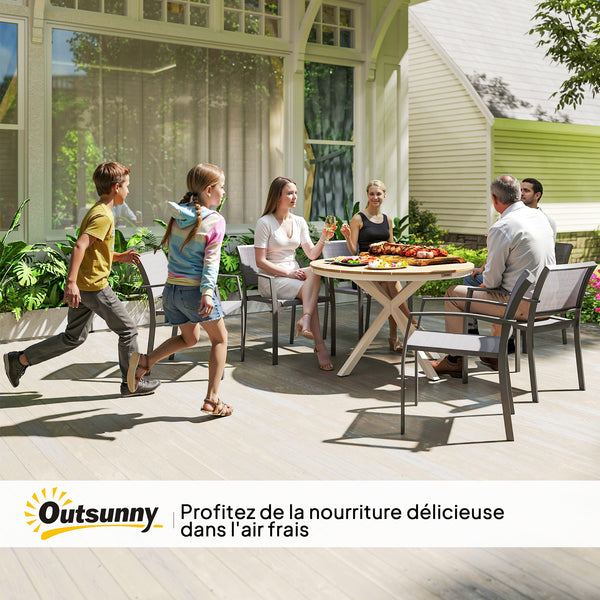 Table à manger de jardin, table de jardin ronde Ø 118 cm avec cadre en aluminium, plateau aspect effet bois et patins de pieds réglables, pour balcon, porche, terrasse, teck
