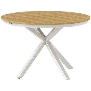 Table à manger de jardin, table de jardin ronde Ø 118 cm avec cadre en aluminium, plateau aspect effet bois et patins de pieds réglables, pour balcon, porche, terrasse, teck