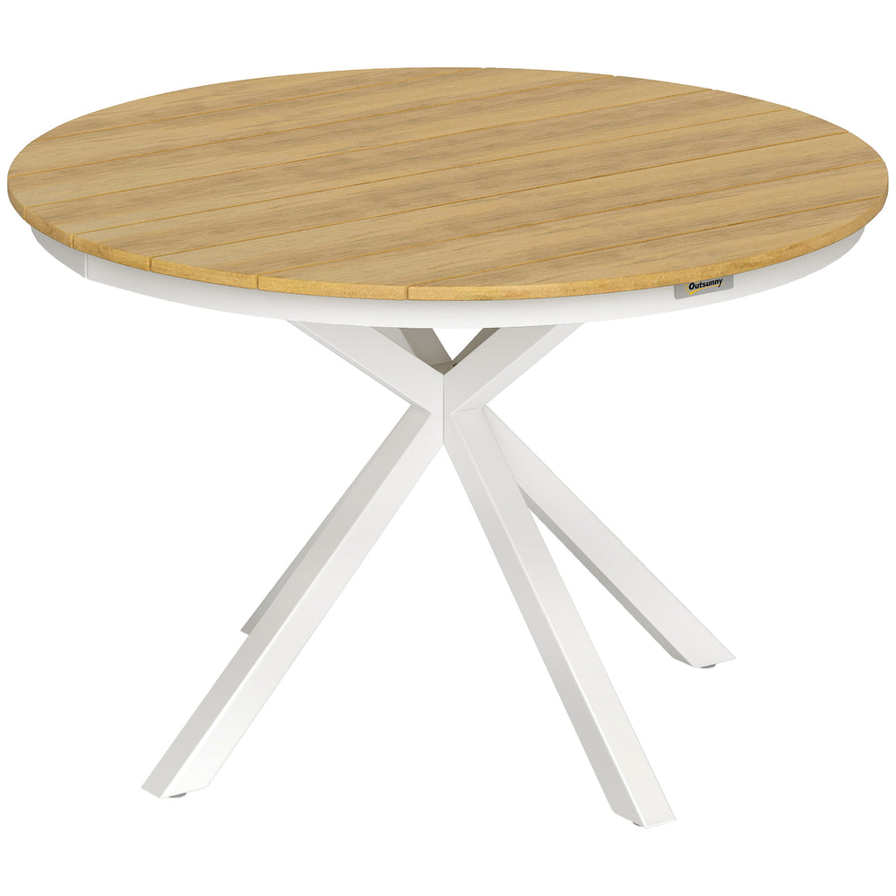 Table à manger de jardin, table de jardin ronde Ø 118 cm avec cadre en aluminium, plateau aspect effet bois et patins de pieds réglables, pour balcon, porche, terrasse, teck