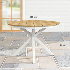 Table à manger de jardin, table de jardin ronde Ø 118 cm avec cadre en aluminium, plateau aspect effet bois et patins de pieds réglables, pour balcon, porche, terrasse, teck