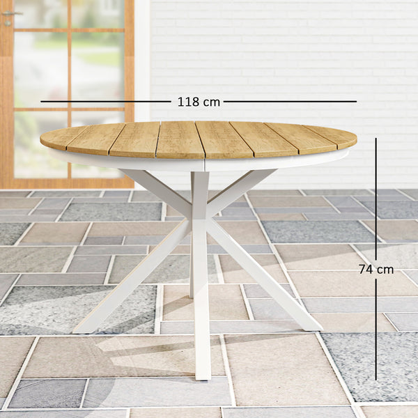 Table à manger de jardin, table de jardin ronde Ø 118 cm avec cadre en aluminium, plateau aspect effet bois et patins de pieds réglables, pour balcon, porche, terrasse, teck