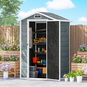Abri de jardin en résine effet bois, 128x104x196cm (1,09 m²) - cabane de stockage avec plancher, fenêtre et toit pointu anti-pluie - rangement extérieur pour outils et tondeuse, gris