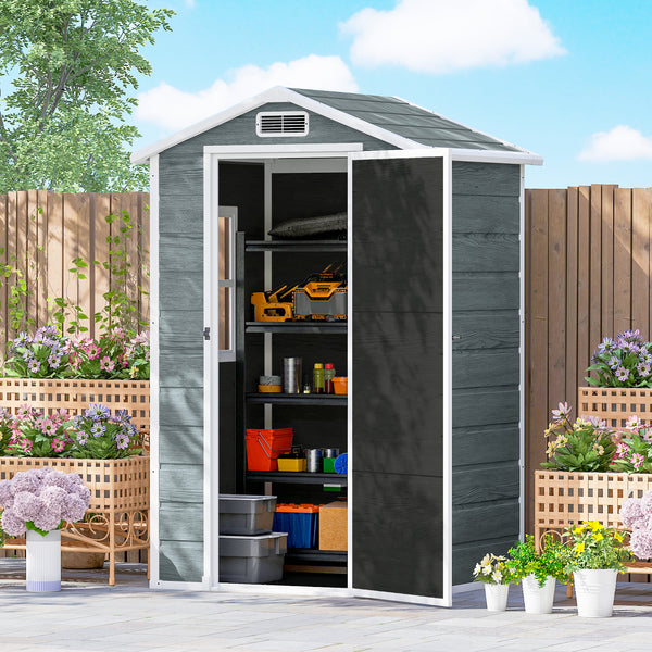 Abri de jardin en résine effet bois, 128x104x196cm (1,09 m²) - cabane de stockage avec plancher, fenêtre et toit pointu anti-pluie - rangement extérieur pour outils et tondeuse, gris
