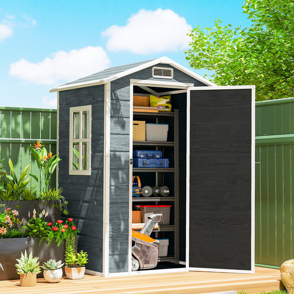 Abri de jardin en résine effet bois, 128x104x196cm (1,09 m²) - cabane de stockage avec plancher, fenêtre et toit pointu anti-pluie - rangement extérieur pour outils et tondeuse, gris