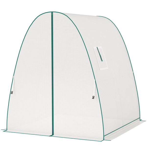 Serre de jardin PE, serre de balcon, bâche renforcée 140 g/m², châssis en acier, 2 portes zippées enroulables, pour légumes plantes fleurs, intérieur et extérieur, 180 x 180 x 200 cm, blanc
