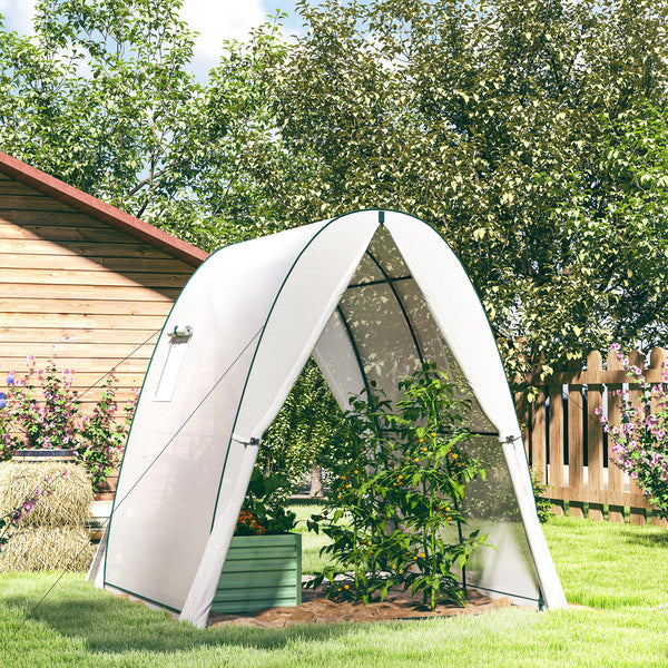 Serre de jardin PE, serre de balcon, bâche renforcée 140 g/m², châssis en acier, 2 portes zippées enroulables, pour légumes plantes fleurs, intérieur et extérieur, 180 x 180 x 200 cm, blanc