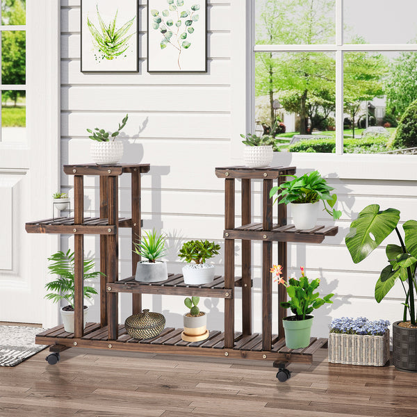 Étagère à fleurs, support de plantes 6 niveaux, peut accueillir 8 à 10 plantes en pot, avec roulettes multidirectionnelles, pour l'intérieur et l'extérieur, en bois massif, couleur carbonisée