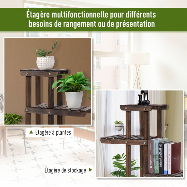 Étagère à fleurs, support de plantes 6 niveaux, peut accueillir 8 à 10 plantes en pot, avec roulettes multidirectionnelles, pour l'intérieur et l'extérieur, en bois massif, couleur carbonisée