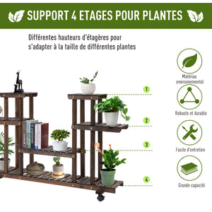 Étagère à fleurs, support de plantes 6 niveaux, peut accueillir 8 à 10 plantes en pot, avec roulettes multidirectionnelles, pour l'intérieur et l'extérieur, en bois massif, couleur carbonisée