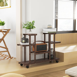 Étagère à fleurs, support de plantes 6 niveaux, peut accueillir 8 à 10 plantes en pot, avec roulettes multidirectionnelles, pour l'intérieur et l'extérieur, en bois massif, couleur carbonisée