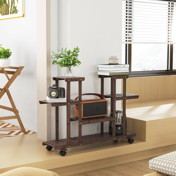 Étagère à fleurs, support de plantes 6 niveaux, peut accueillir 8 à 10 plantes en pot, avec roulettes multidirectionnelles, pour l'intérieur et l'extérieur, en bois massif, couleur carbonisée