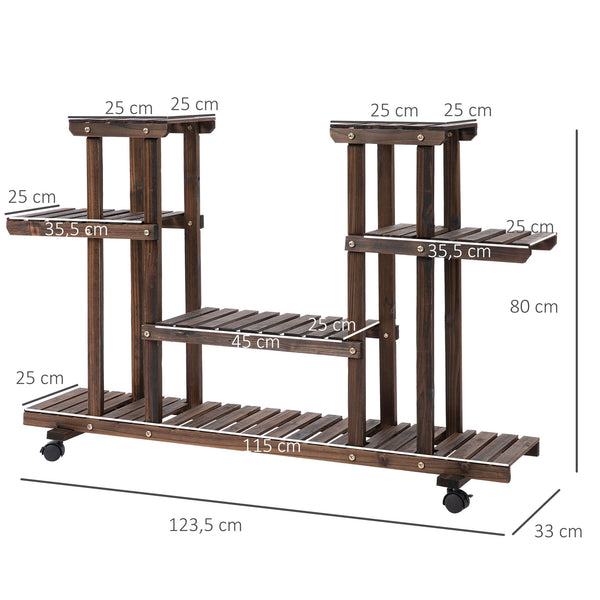 Étagère à fleurs, support de plantes 6 niveaux, peut accueillir 8 à 10 plantes en pot, avec roulettes multidirectionnelles, pour l'intérieur et l'extérieur, en bois massif, couleur carbonisée