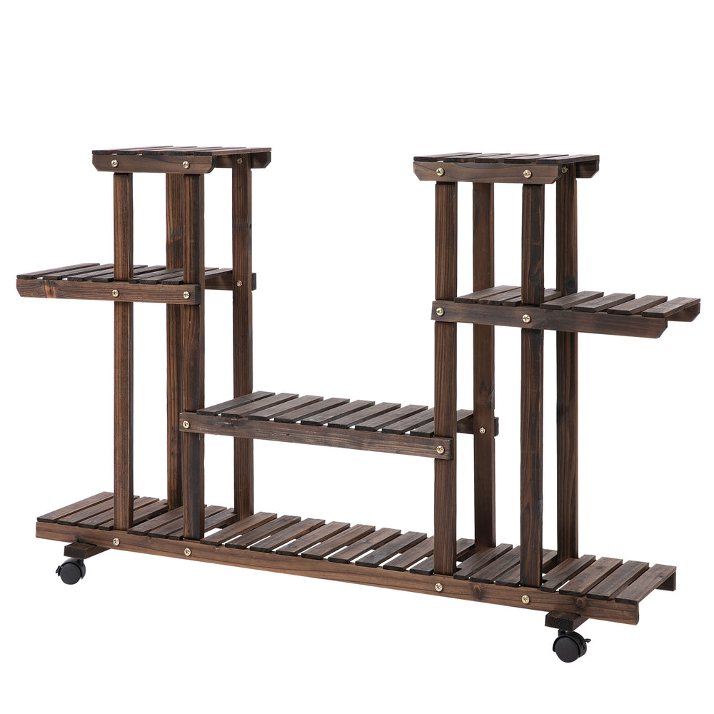 Étagère à fleurs, support de plantes 6 niveaux, peut accueillir 8 à 10 plantes en pot, avec roulettes multidirectionnelles, pour l'intérieur et l'extérieur, en bois massif, couleur carbonisée