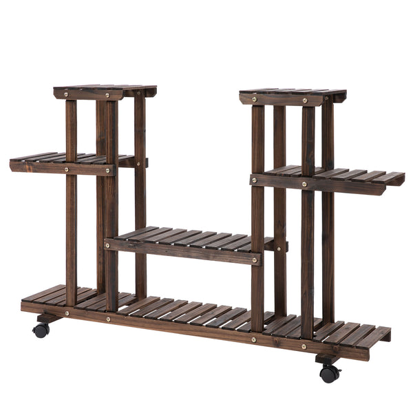 Étagère à fleurs, support de plantes 6 niveaux, peut accueillir 8 à 10 plantes en pot, avec roulettes multidirectionnelles, pour l'intérieur et l'extérieur, en bois massif, couleur carbonisée