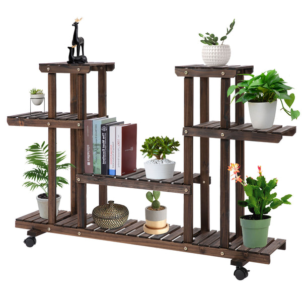 Étagère à fleurs, support de plantes 6 niveaux, peut accueillir 8 à 10 plantes en pot, avec roulettes multidirectionnelles, pour l'intérieur et l'extérieur, en bois massif, couleur carbonisée