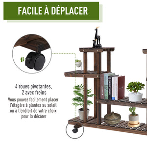 Étagère à fleurs, support de plantes 6 niveaux, peut accueillir 8 à 10 plantes en pot, avec roulettes multidirectionnelles, pour l'intérieur et l'extérieur, en bois massif, couleur carbonisée