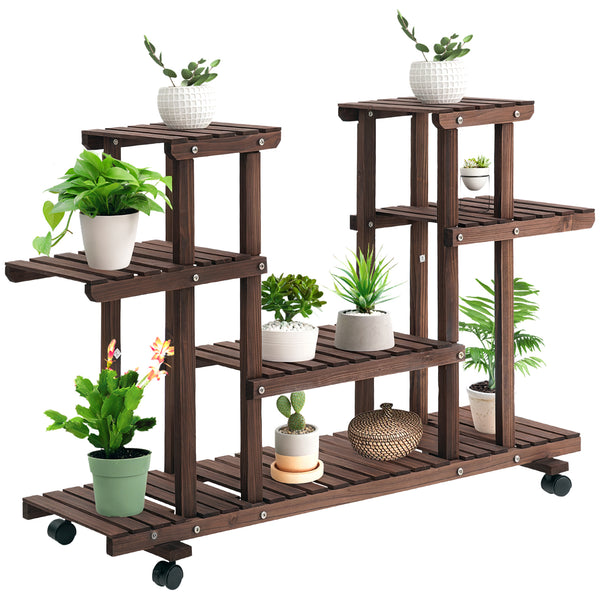 Étagère à fleurs, support de plantes 6 niveaux, peut accueillir 8 à 10 plantes en pot, avec roulettes multidirectionnelles, pour l'intérieur et l'extérieur, en bois massif, couleur carbonisée