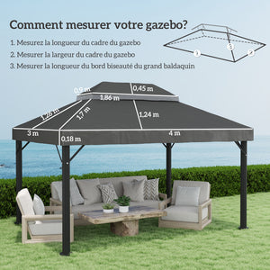 Toile de rechange pour pavillon toile de tonnelle 4 x 3 m, toit double avec trous de drainage, polyester haute densité 370 g/m², protection solaire UPF30+, TOILE INCLUS UNIQUEMENT, gris foncé