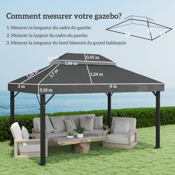 Toile de rechange pour pavillon toile de tonnelle 4 x 3 m, toit double avec trous de drainage, polyester haute densité 370 g/m², protection solaire UPF30+, TOILE INCLUS UNIQUEMENT, gris foncé