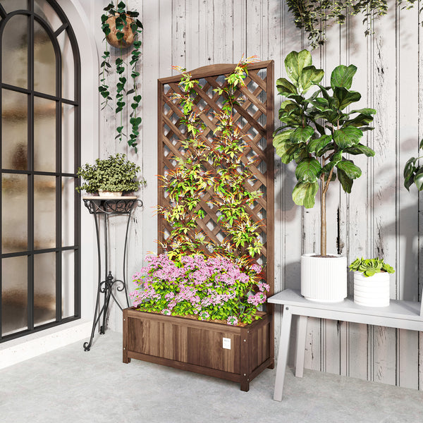 Jardinière avec Treillis - bac à Fleurs - jardinière sur Pied - dim. 76L x 36l x 170H cm - Fond à Lattes - Bois Sapin pré-huilé foncé marron