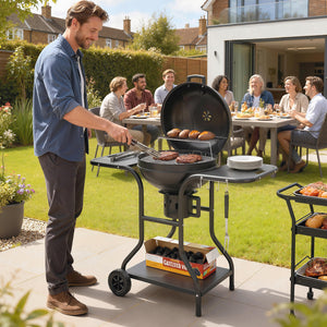Barbecue à charbon Rond avec couvercle Barbecue Rond Extérieur avec Thermomètre, Tables Latérales, Étagère Inférieure, Roues pour Jardin, Terrasse, Noir