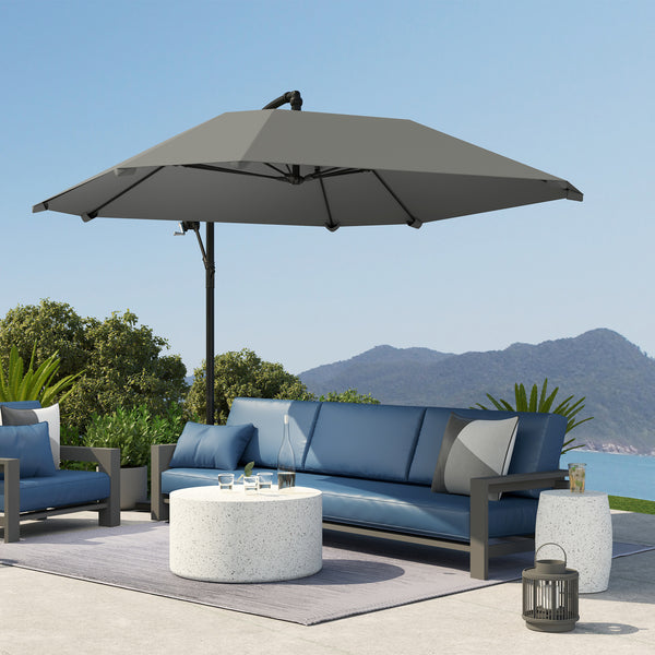 Parasol déporté, parasol de jardin extérieur Inclinable, avec Base, Manivelle, toile polyester 180 g/m², protection UV UPF50+, 304 x 260 x 245 cm, Gris Foncé