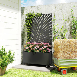 Jardinière avec treillis, bac à fleurs, lit surélevé avec brise-vue et roulettes verrouillables, pour plantes grimpantes, légumes, métal, intérieur et extérieur, 90 x 30 x 160 cm, noir