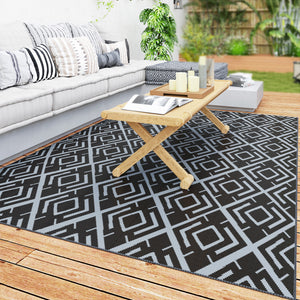 Tapis d'extérieur réversible 1,8 x 2,7 m, tapis de sol au motif diamant, en PP résistant aux intempéries, sac de transport inclus, tapis extérieur terrasse, pique-nique, camping, noir et gris