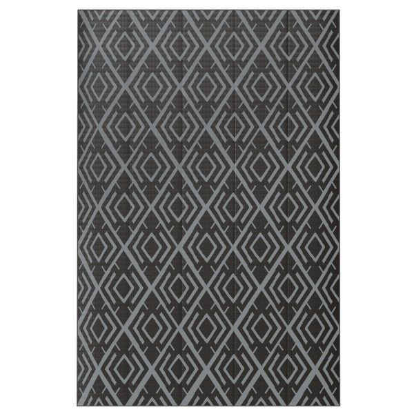 Tapis d'extérieur réversible 1,8 x 2,7 m, tapis de sol au motif diamant, en PP résistant aux intempéries, sac de transport inclus, tapis extérieur terrasse, pique-nique, camping, noir et gris