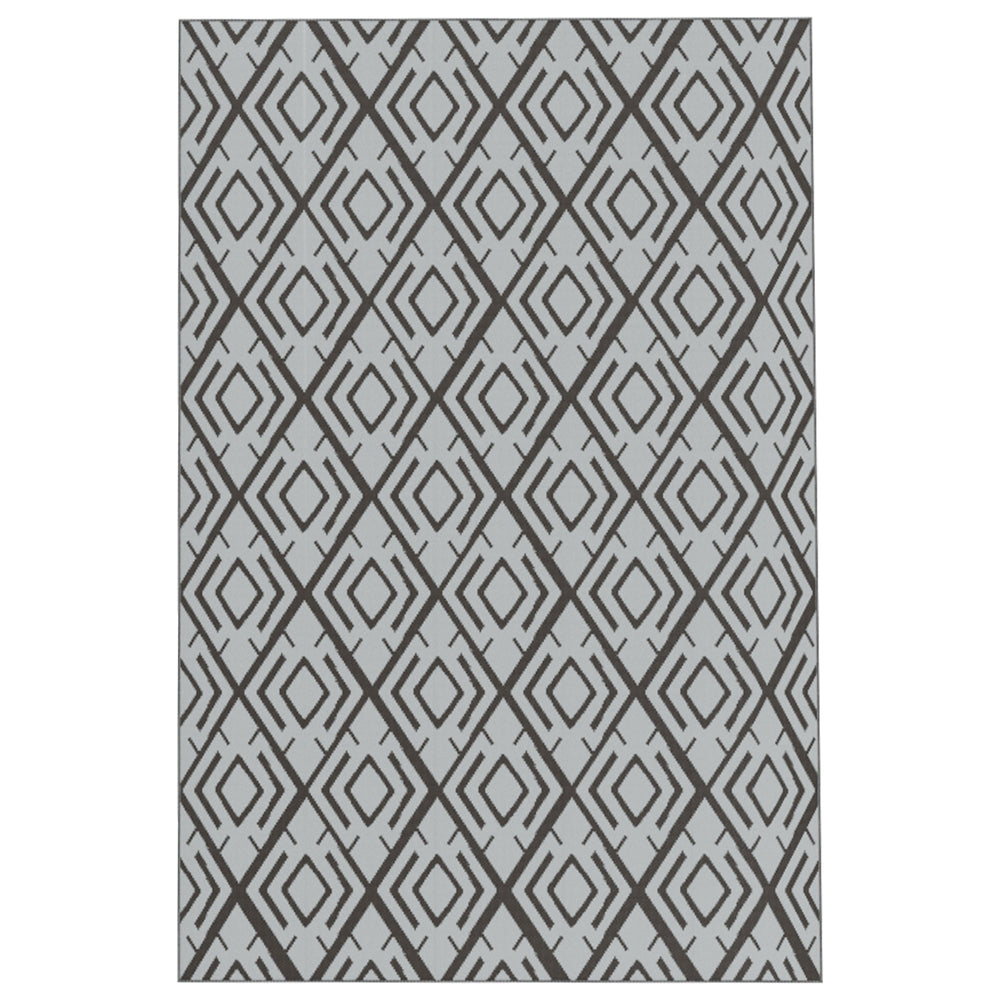 Tapis d'extérieur réversible 1,8 x 2,7 m, tapis de sol au motif diamant, en PP résistant aux intempéries, sac de transport inclus, tapis extérieur terrasse, pique-nique, camping, noir et gris