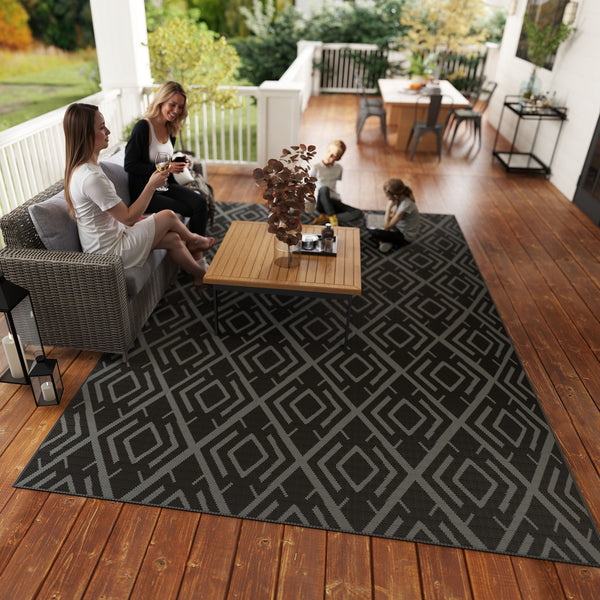 Tapis d'extérieur réversible 1,8 x 2,7 m, tapis de sol au motif diamant, en PP résistant aux intempéries, sac de transport inclus, tapis extérieur terrasse, pique-nique, camping, noir et gris