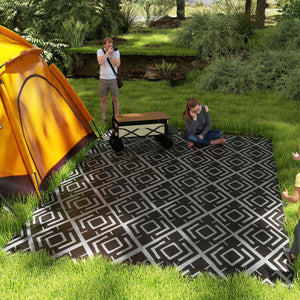 Tapis d'extérieur réversible 1,8 x 2,7 m, tapis de sol au motif diamant, en PP résistant aux intempéries, sac de transport inclus, tapis extérieur terrasse, pique-nique, camping, noir et gris