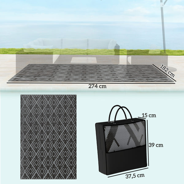 Tapis d'extérieur réversible 1,8 x 2,7 m, tapis de sol au motif diamant, en PP résistant aux intempéries, sac de transport inclus, tapis extérieur terrasse, pique-nique, camping, noir et gris