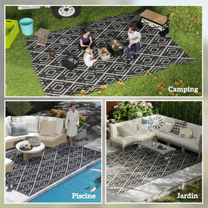 Tapis d'extérieur réversible 1,8 x 2,7 m, tapis de sol au motif diamant, en PP résistant aux intempéries, sac de transport inclus, tapis extérieur terrasse, pique-nique, camping, noir et gris