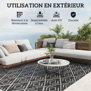 Tapis d'extérieur réversible 1,8 x 2,7 m, tapis de sol au motif diamant, en PP résistant aux intempéries, sac de transport inclus, tapis extérieur terrasse, pique-nique, camping, noir et gris