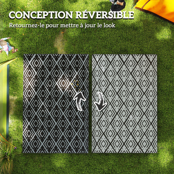 Tapis d'extérieur réversible 1,8 x 2,7 m, tapis de sol au motif diamant, en PP résistant aux intempéries, sac de transport inclus, tapis extérieur terrasse, pique-nique, camping, noir et gris