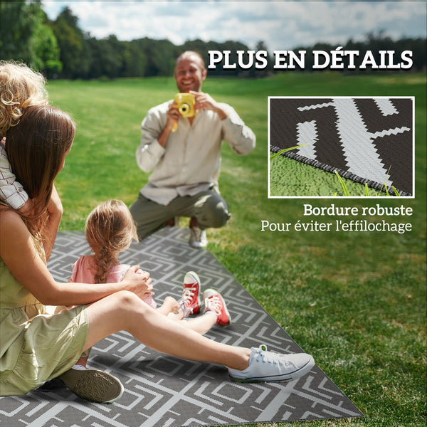 Tapis d'extérieur réversible 1,8 x 2,7 m, tapis de sol au motif diamant, en PP résistant aux intempéries, sac de transport inclus, tapis extérieur terrasse, pique-nique, camping, noir et gris