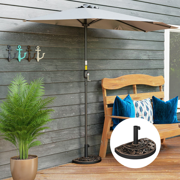 Pied de parasol base de lestage parasol demi-cercle poids net 9 kg résine imitation fonte motif fleur 50L x 31l x 32H cm bronze