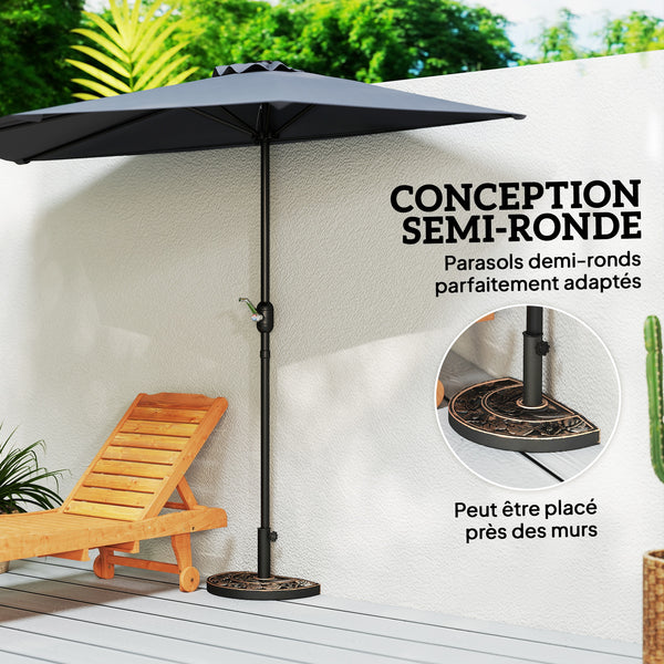 Pied de parasol base de lestage parasol demi-cercle poids net 9 kg résine imitation fonte motif fleur 50L x 31l x 32H cm bronze