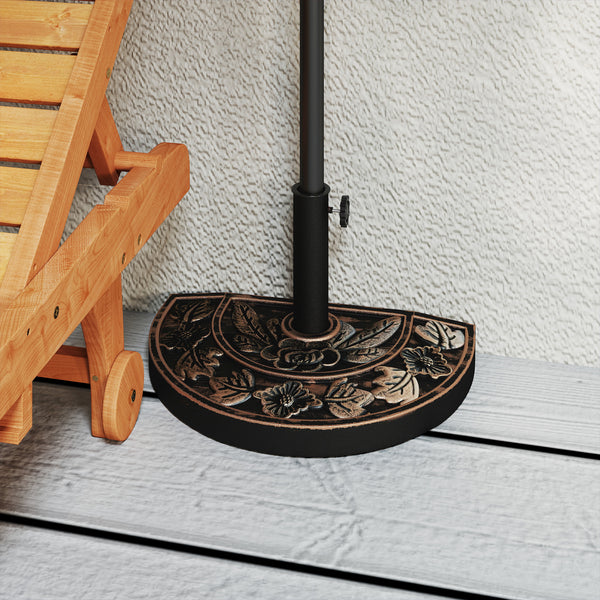 Pied de parasol base de lestage parasol demi-cercle poids net 9 kg résine imitation fonte motif fleur 50L x 31l x 32H cm bronze