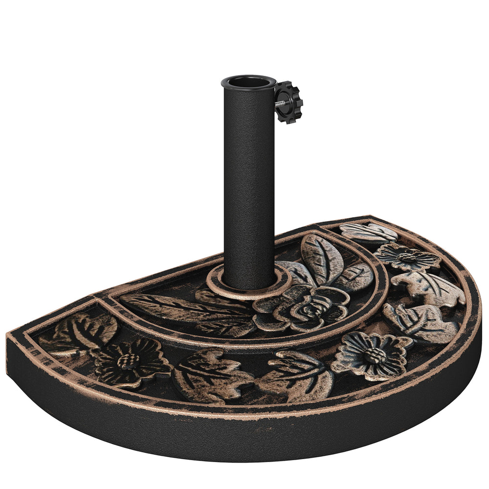 Pied de parasol base de lestage parasol demi-cercle poids net 9 kg résine imitation fonte motif fleur 50L x 31l x 32H cm bronze