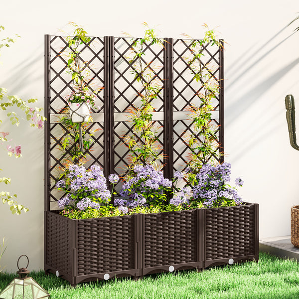 Jardinière avec treillis, lit surélevé de jardin, jardinière extérieure avec 8 trous de drainage, réservoirs d'eau, bac à fleurs pour balcon terrasse patio, 120 x 40 x 135 cm, marron