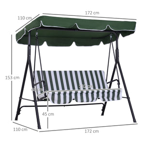 Balancelle de Jardin 3 Places Toit Inclinaison réglable Coussins Assise et Dossier 1,72L x 1,1l x 1,53H m Acier Noir Polyester Vert