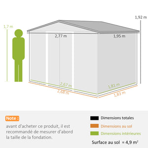 Abri de Jardin 4,9 m² cabane de jardin armoire de jardin Dim. 2,77L x 1,95l x 1,92H m Porte coulissante ventilations tôle Acier Gris